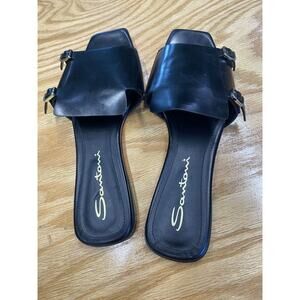 Santoni Slide Sandals Womens 7.5 Black Leather Double Buckle Open Square Toe S43